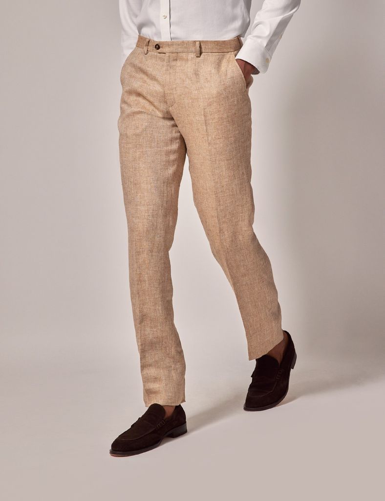 Beige Herringbone Tailored Linen Italian Suit Trousers - 1913 Collection