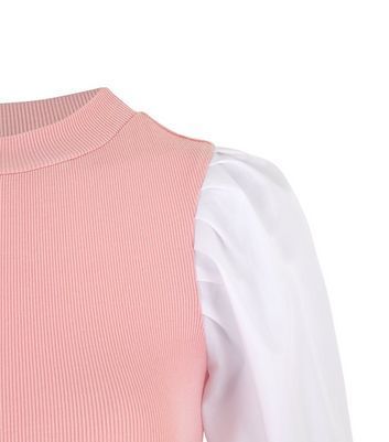 Pink Poplin Puff Sleeve Ribbed T-Shirt New Look