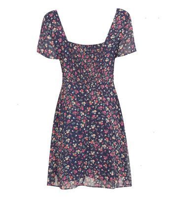 Blue Ditsy Floral Chiffon Tie Front Tea Dress New Look