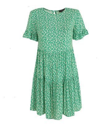 Petite Green Ditsy Floral Frill Sleeve Smock Dress New Look