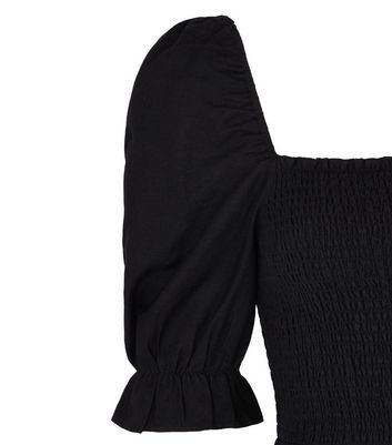 Black Shirred Puff Sleeve Midi Dress New Look