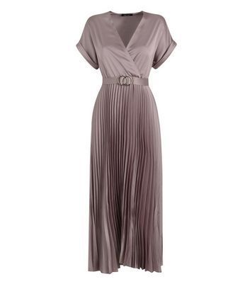 Camel Satin Belted Pleated Wrap Midi Dress New Look