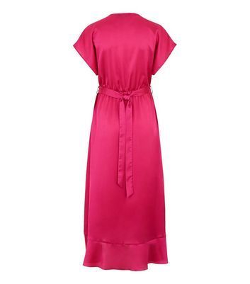 Deep Pink Satin Belted Ruffle Wrap Midi Dress New Look