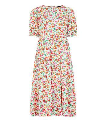 Off White Floral Puff Sleeve Tiered Midi Dress New Look