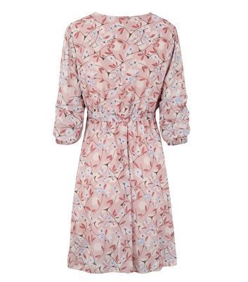 Honey Behave Pink Floral Ruched Sleeve Wrap Dress New Look