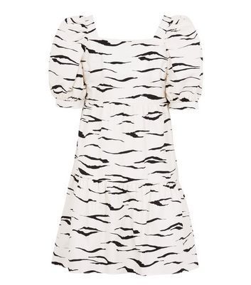 White Zebra Print Puff Sleeve Poplin Smock Dress New Look