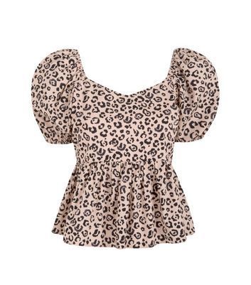Pale Pink Leopard Print Puff Sleeve Blouse New Look
