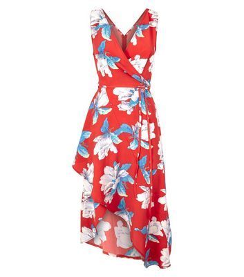 Red Floral Wrap Front Dress New Look