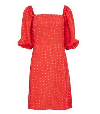 Red Spot Square Neck Puff Sleeve Mini Dress New Look