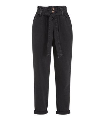 Petite Black Elasticated High Tie Waist Tori Mom Jeans New Look