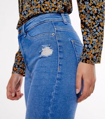Bright Blue Ripped High Waist Hallie Super Skinny Jeans New Look