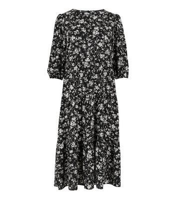 Petite Black Floral Tiered Midi Dress New Look