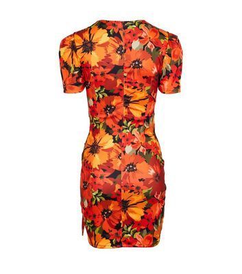Orange Floral Wrap Ruched Mini Dress New Look