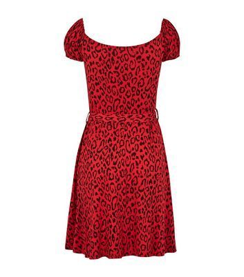 Red Leopard Print Puff Sleeve Mini Dress New Look