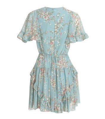 Pale Blue Floral Frill Chiffon Skater Dress New Look