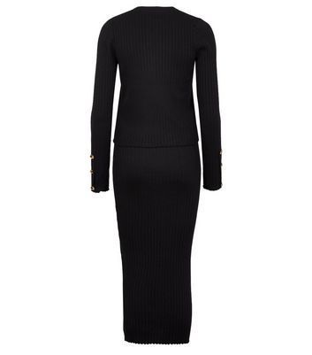 Black Ribbed Knit Midi Dress and Cardigan Set New Look