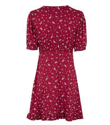 Red Floral Jersey Puff Sleeve Mini Tea Dress New Look