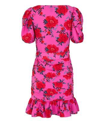 Pink Rose Print Belted Ruched Mini Dress New Look