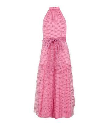 Bright Pink Spot Mesh Halter Midi Dress New Look