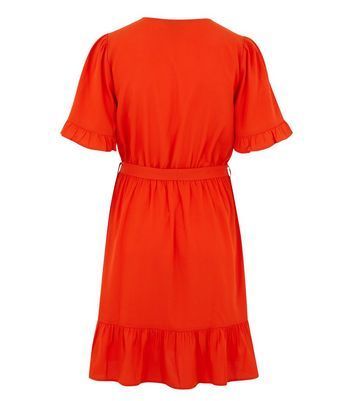 Bright Orange Frill Sleeve Mini Wrap Dress New Look
