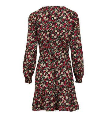 Red Floral Puff Sleeve Belted Tea Dress New Look