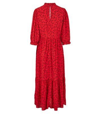 Red Floral Frill Neck Tiered Midi Dress New Look