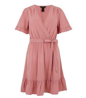 Mid Pink Frill Sleeve Mini Wrap Dress New Look