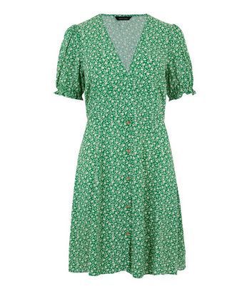 Green Ditsy Floral Puff Sleeve Tea Dress New Look