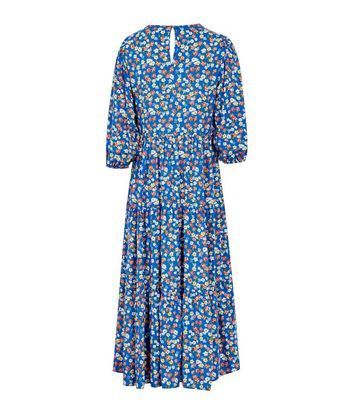 Blue Floral Print Puff Sleeve Tiered Midi Dress New Look