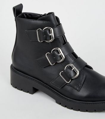 Black Leather-Look 3 Buckle Chunky Boots New Look Vegan