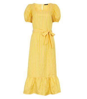 Yellow Stripe Ruffle Puff Sleeve Midi Dress New Look