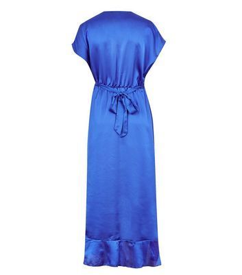 Blue Satin Belted Ruffle Wrap Midi Dress New Look