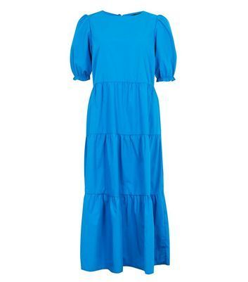 Bright Blue Poplin Puff Sleeve Tiered Midi Dress New Look