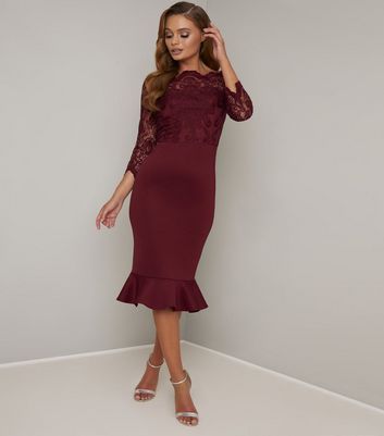 Burgundy Lace Bardot Midi Dress New Look