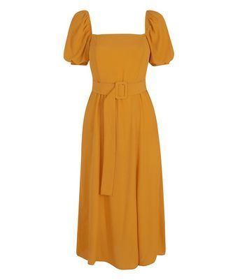 Petite Yellow Puff Sleeve Belted Midi Dress New Look