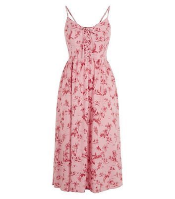 Pink Palm Print Lace Up Front Midi Dress New Look