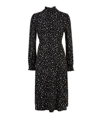 Black Spot Shirred Neck Midi Dress New Look