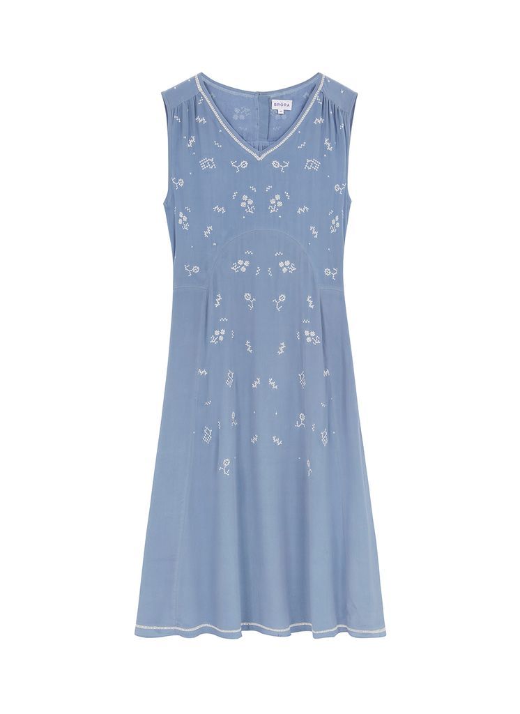 Embroidered Silk Dress Blue