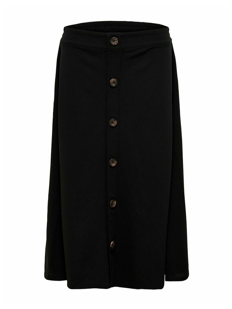 Women's Ladies plain black chic high elasticated waistband button detail midi length skirt