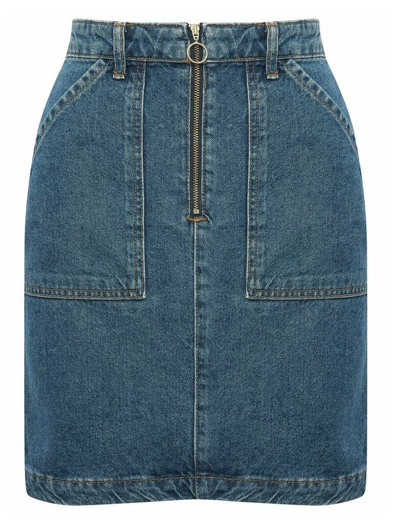 Ladies petite blue mid wash denim skirt zip front high waist pockets a-line  - Mid wash