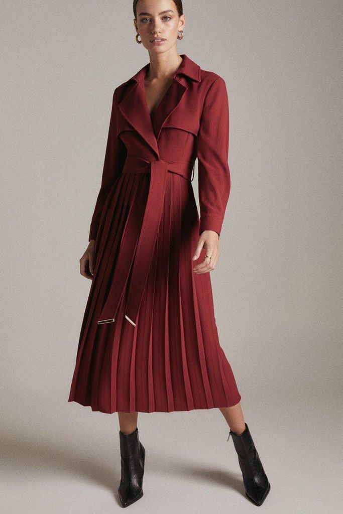 Petite Long Sleeve Pleated Midi Trench Dress -, Red