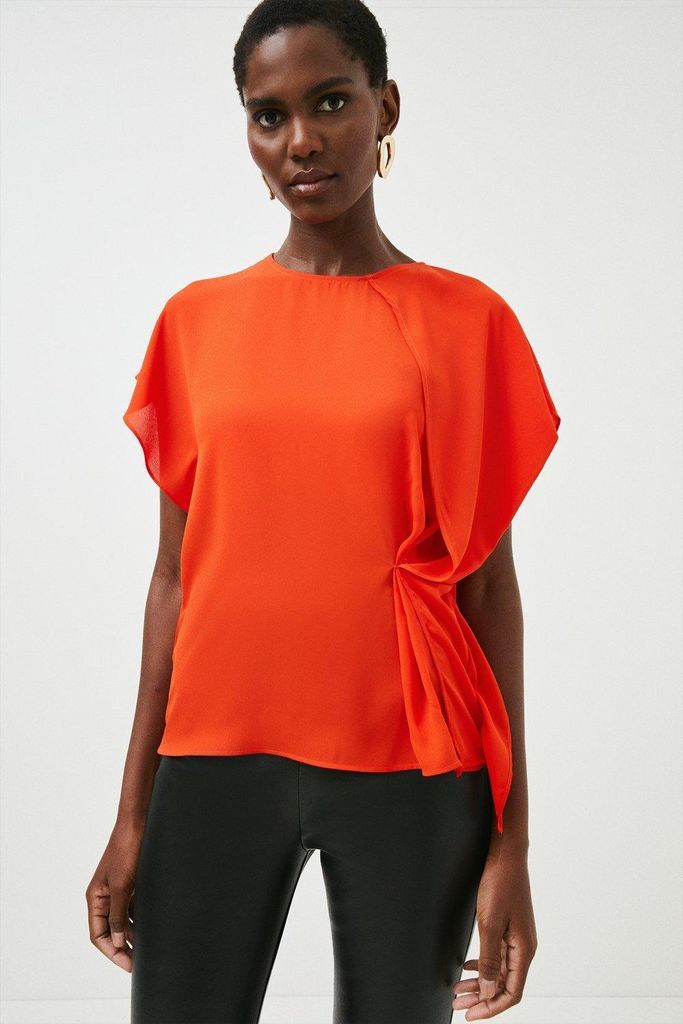 Pintuck Short Sleeve Woven Top -, Orange