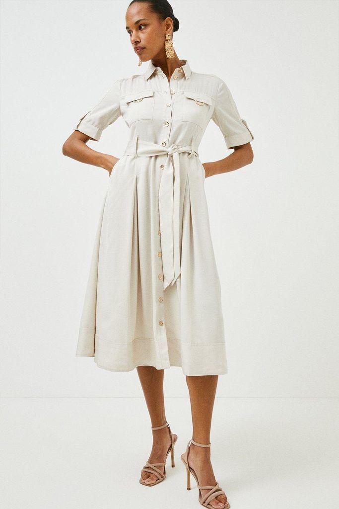 Linen Viscose Woven Midi Shirt Dress -, Ecru