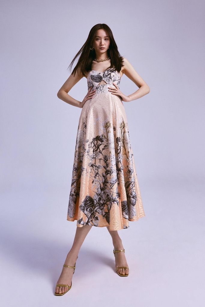 Hydrangea Bloom Print Metallic Jacquard Maxi Prom Dress -, Floral