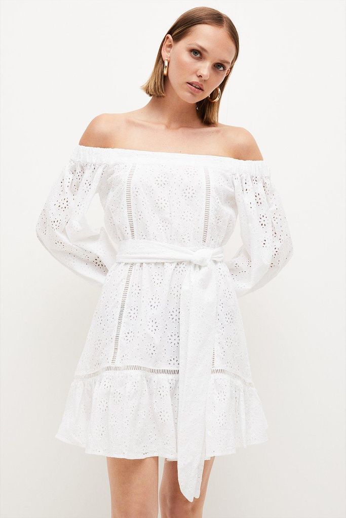 Petite Cotton Broderie Bardot Mini Dress -, White