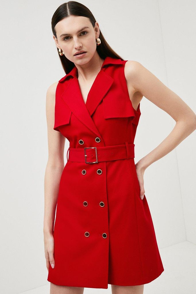Belted Trench A Line Mini Dress -, Red