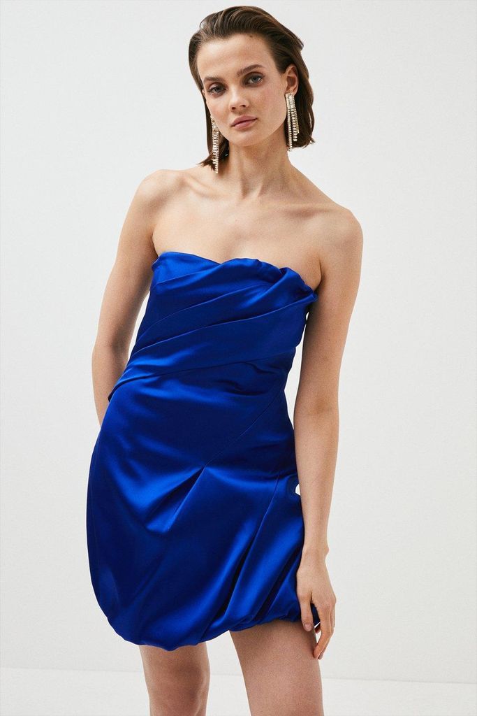 Italian Structured Satin Bandeau Mini Dress -, Blue
