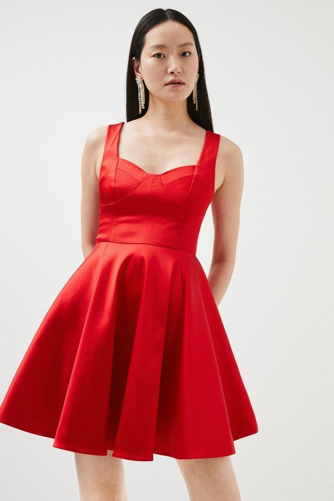 Italian Structured Satin Full Skirted Mini Dress -, Tomato Red