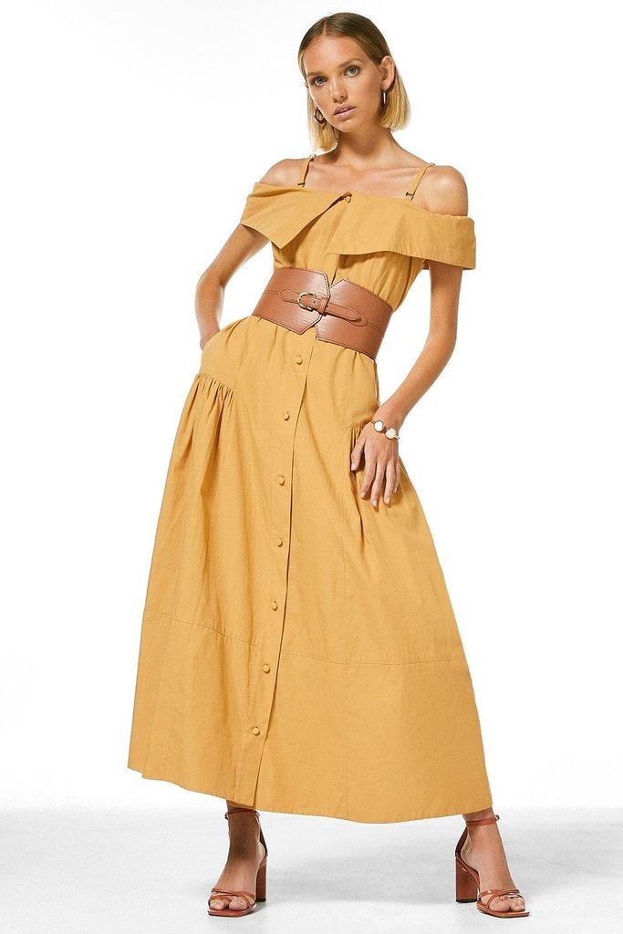 Petite Organic Cotton Belted Bardot Maxi Dress -, Brown