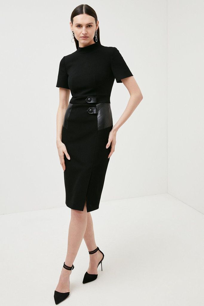 Structured Crepe Pu Contrast Pencil Midi Dress -, Black